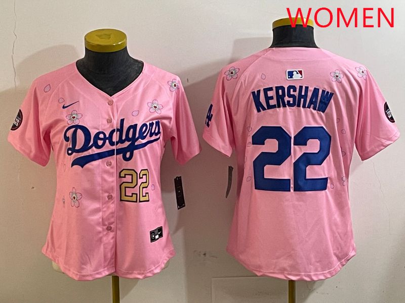 Women Los Angeles Dodgers 22 Kershaw Pink White Blue Sakura Edition 2025 Nike MLB Jersey style 3